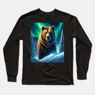 Grizzly Bear in Snow Corvered Forest With Northern Lights Long Sleeve T-Shirt