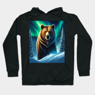 Grizzly Bear in Snow Corvered Forest With Northern Lights Hoodie