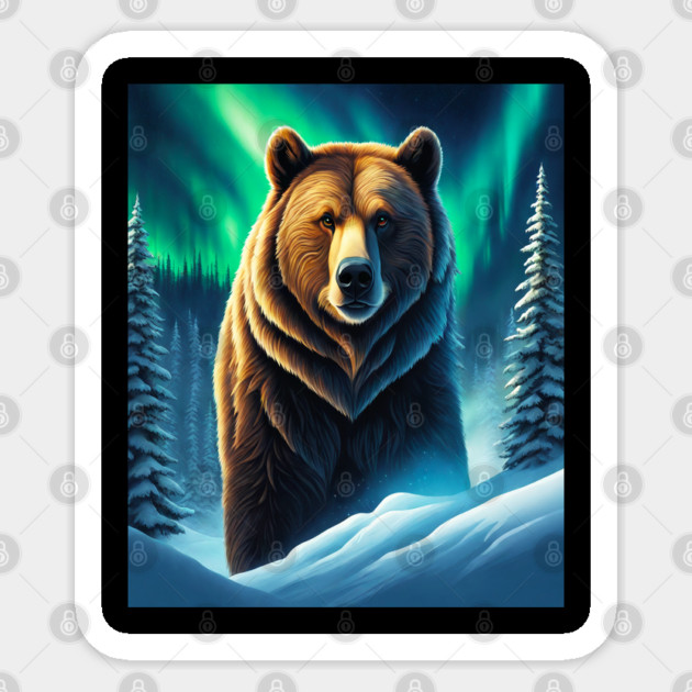 Grizzly Bear in Snow Corvered Forest With Northern Lights Sticker by BirdsnStuff