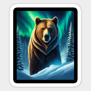 Grizzly Bear in Snow Corvered Forest With Northern Lights Magnet