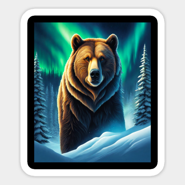 Grizzly Bear in Snow Corvered Forest With Northern Lights Magnet by BirdsnStuff
