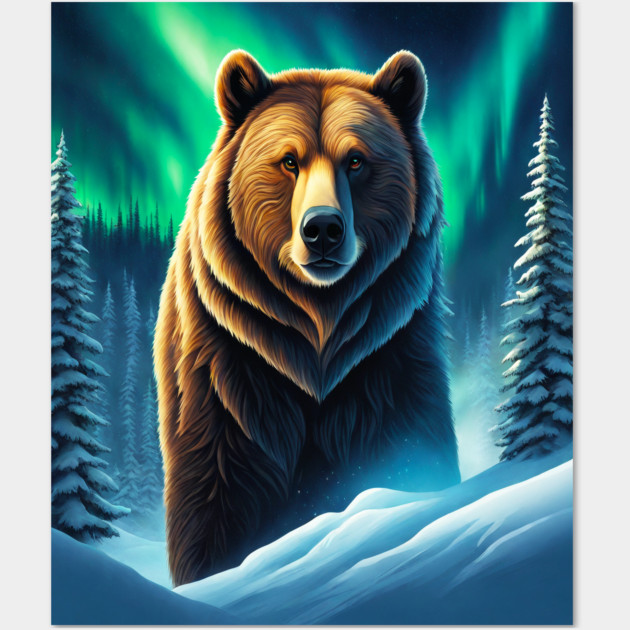 Grizzly Bear in Snow Corvered Forest With Northern Lights Wall Art by BirdsnStuff