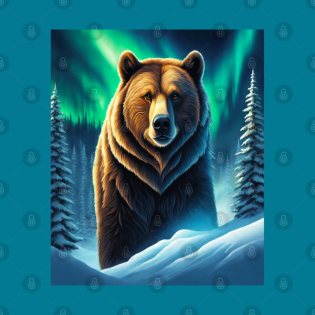 Grizzly Bear in Snow Corvered Forest With Northern Lights by BirdsnStuff
