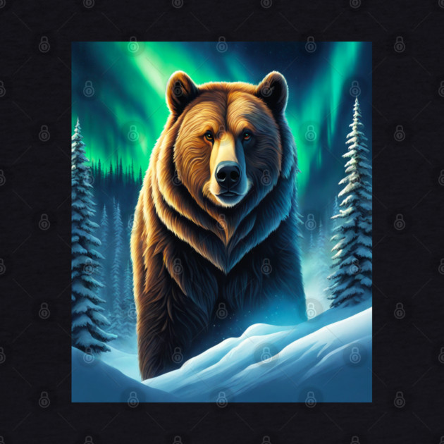 Grizzly Bear in Snow Corvered Forest With Northern Lights by BirdsnStuff