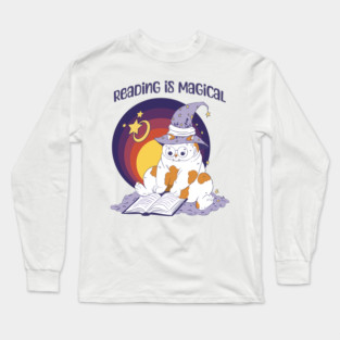 Reading Is Magical Adorable Cat in Witch Hat design Long Sleeve T-Shirt