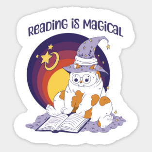 Reading Is Magical Adorable Cat in Witch Hat design Sticker