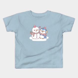 Cute Penguin Building A Snowman Kids T-Shirt