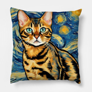Bengal Cat Breed Painting in a Van Gogh Starry Night Art Style Pillow