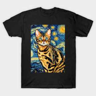 Bengal Cat Breed Painting in a Van Gogh Starry Night Art Style T-Shirt