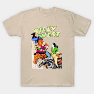 REVISTANGO #269 - Billy West Leaps from the Cliff to Strike the Outlaw in Mid-Ride as the Woman Watches in Shock, A 1950s Western Comic Explosion of Action and Retro Courage, Vintage Art Retro Style Comic Pulp T-Shirt