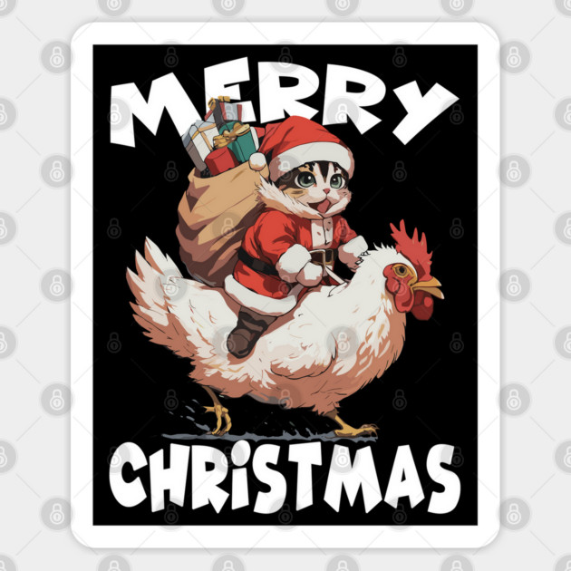 Merry Christmas, Funny Cute Cat on a Chicken Sticker by Megadorim