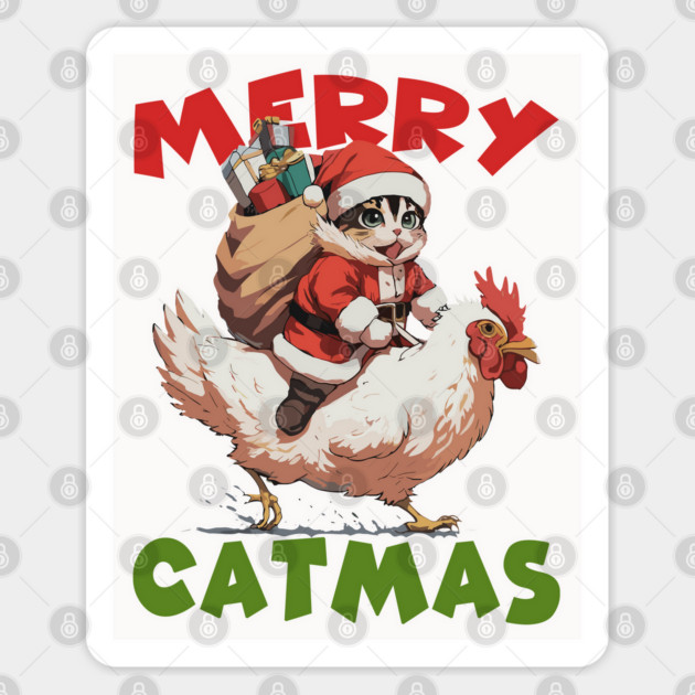 Merry Catmas - 4, Funny Cute Cat on a Chicken Sticker by Megadorim