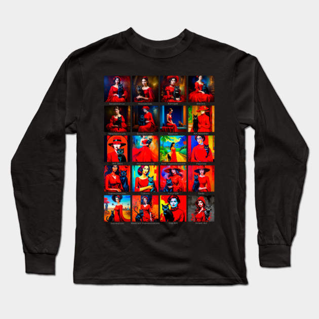 Red Dress Black Cat Art Movements Long Sleeve T-Shirt by H. R. Sinclair