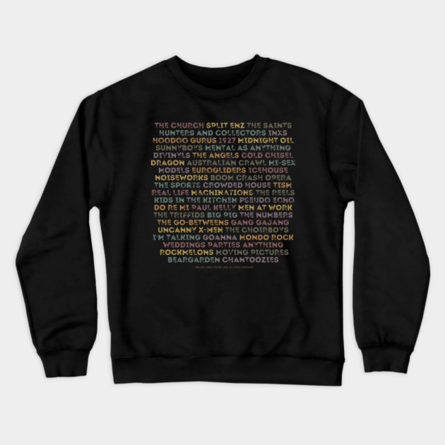 Aussie 80s Bands (Back Print) Crewneck Sweatshirt by Timeless Chaos