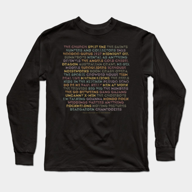 Aussie 80s Bands (Back Print) Long Sleeve T-Shirt by Timeless Chaos
