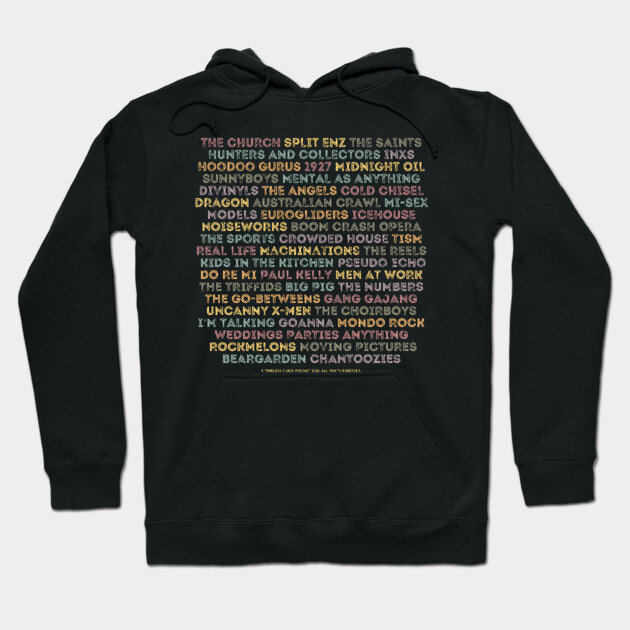 Aussie 80s Bands (Back Print) Hoodie by Timeless Chaos