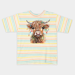 Baby Highland Cow With Christmas Lights Kids T-Shirt