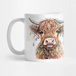 Baby Highland Cow With Christmas Lights Mug