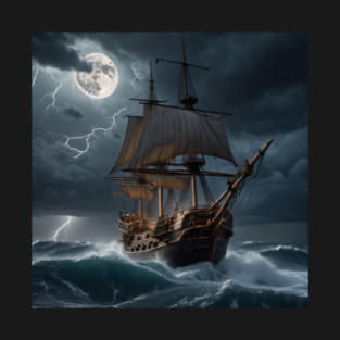 Moon lit Pirate Ship in the Storm - Digital Art T-Shirt