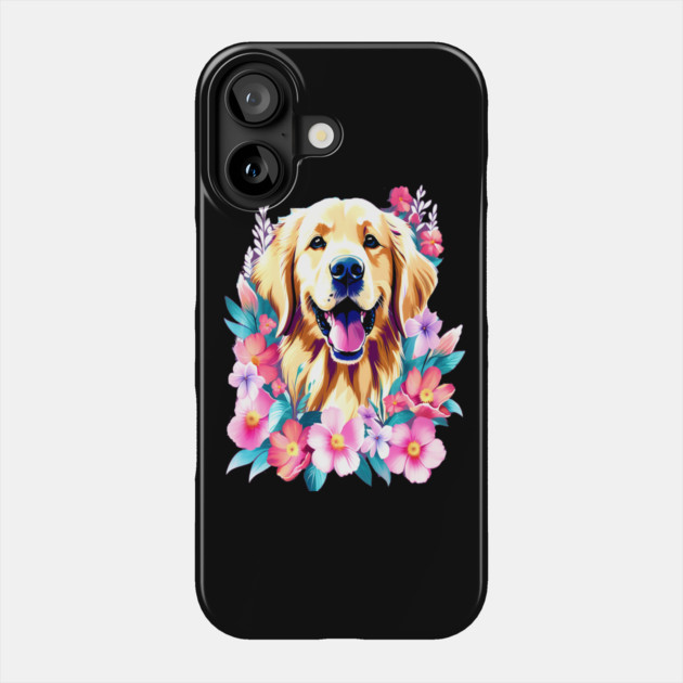 Cute Golden Retriever Surrounded by Beautiful Flowers Phone Case by BirdsnStuff