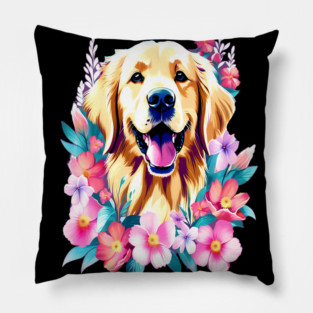 Cute Golden Retriever Surrounded by Beautiful Flowers Pillow