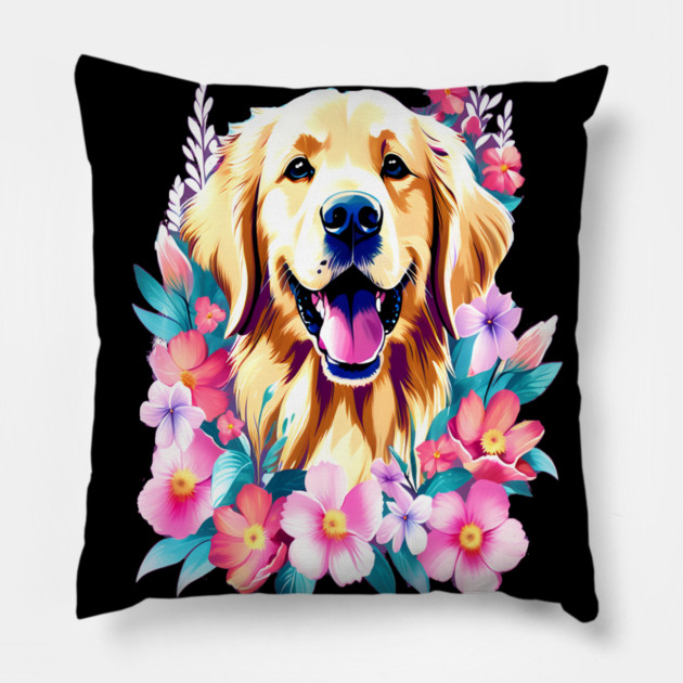 Cute Golden Retriever Surrounded by Beautiful Flowers Pillow by BirdsnStuff