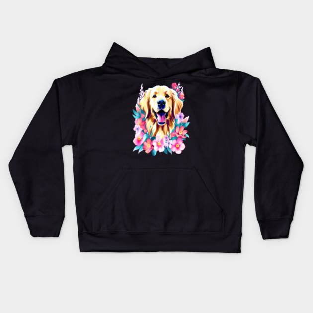 Cute Golden Retriever Surrounded by Beautiful Flowers Kids Hoodie by BirdsnStuff