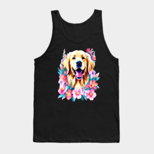 Cute Golden Retriever Surrounded by Beautiful Flowers Tank Top