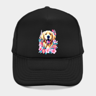 Cute Golden Retriever Surrounded by Beautiful Flowers Hat
