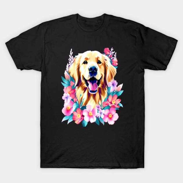 Cute Golden Retriever Surrounded by Beautiful Flowers T-Shirt by BirdsnStuff