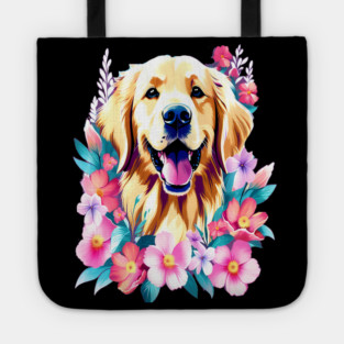 Cute Golden Retriever Surrounded by Beautiful Flowers Tote