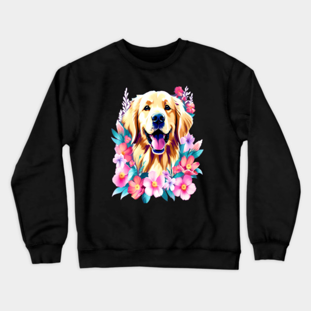 Cute Golden Retriever Surrounded by Beautiful Flowers Crewneck Sweatshirt by BirdsnStuff