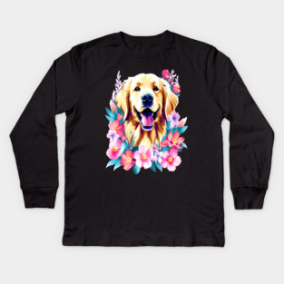 Cute Golden Retriever Surrounded by Beautiful Flowers Kids Long Sleeve T-Shirt