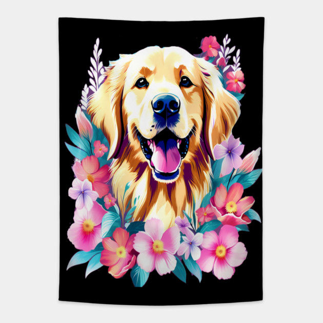 Cute Golden Retriever Surrounded by Beautiful Flowers Tapestry by BirdsnStuff