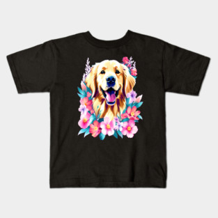 Cute Golden Retriever Surrounded by Beautiful Flowers Kids T-Shirt