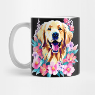 Cute Golden Retriever Surrounded by Beautiful Flowers Mug