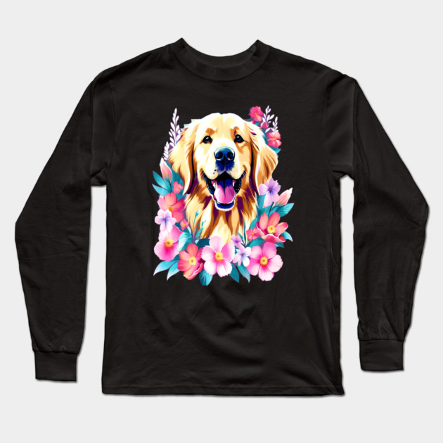 Cute Golden Retriever Surrounded by Beautiful Flowers Long Sleeve T-Shirt by BirdsnStuff
