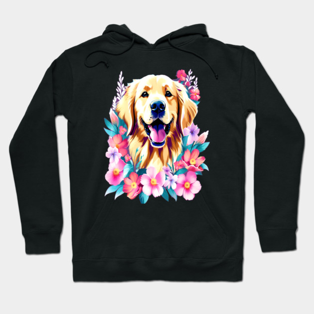 Cute Golden Retriever Surrounded by Beautiful Flowers Hoodie by BirdsnStuff