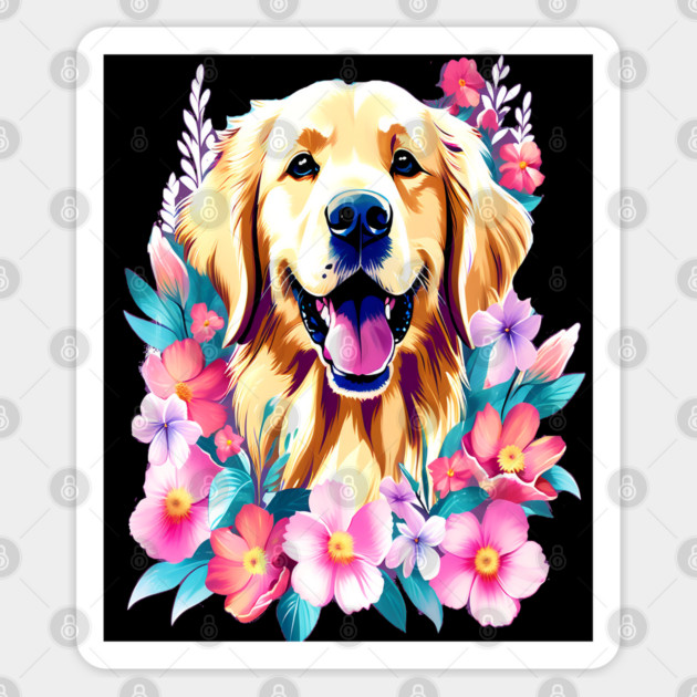 Cute Golden Retriever Surrounded by Beautiful Flowers Sticker by BirdsnStuff