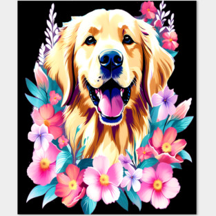 Cute Golden Retriever Surrounded by Beautiful Flowers Posters and Art