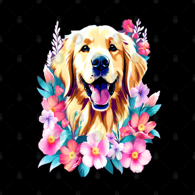 Cute Golden Retriever Surrounded by Beautiful Flowers by BirdsnStuff