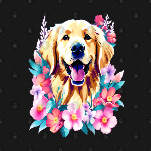 Cute Golden Retriever Surrounded by Beautiful Flowers by BirdsnStuff