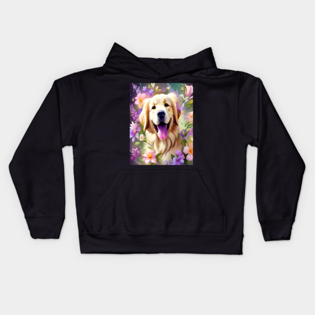 Cute Golden Retriever Surrounded by Beautiful Flowers Kids Hoodie by BirdsnStuff