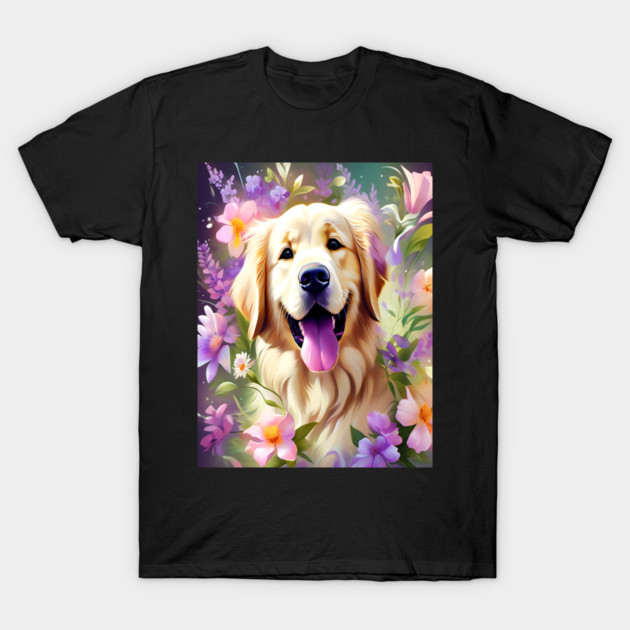 Cute Golden Retriever Surrounded by Beautiful Flowers T-Shirt by BirdsnStuff