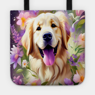 Cute Golden Retriever Surrounded by Beautiful Flowers Tote
