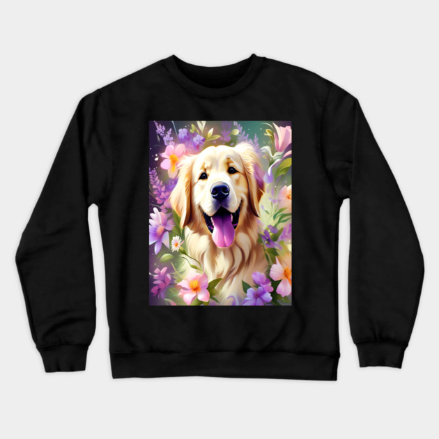 Cute Golden Retriever Surrounded by Beautiful Flowers Crewneck Sweatshirt by BirdsnStuff