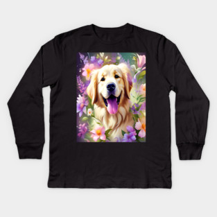 Cute Golden Retriever Surrounded by Beautiful Flowers Kids Long Sleeve T-Shirt