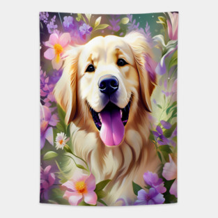 Cute Golden Retriever Surrounded by Beautiful Flowers Tapestry
