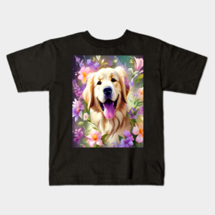 Cute Golden Retriever Surrounded by Beautiful Flowers Kids T-Shirt
