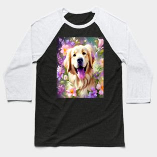 Cute Golden Retriever Surrounded by Beautiful Flowers Baseball T-Shirt